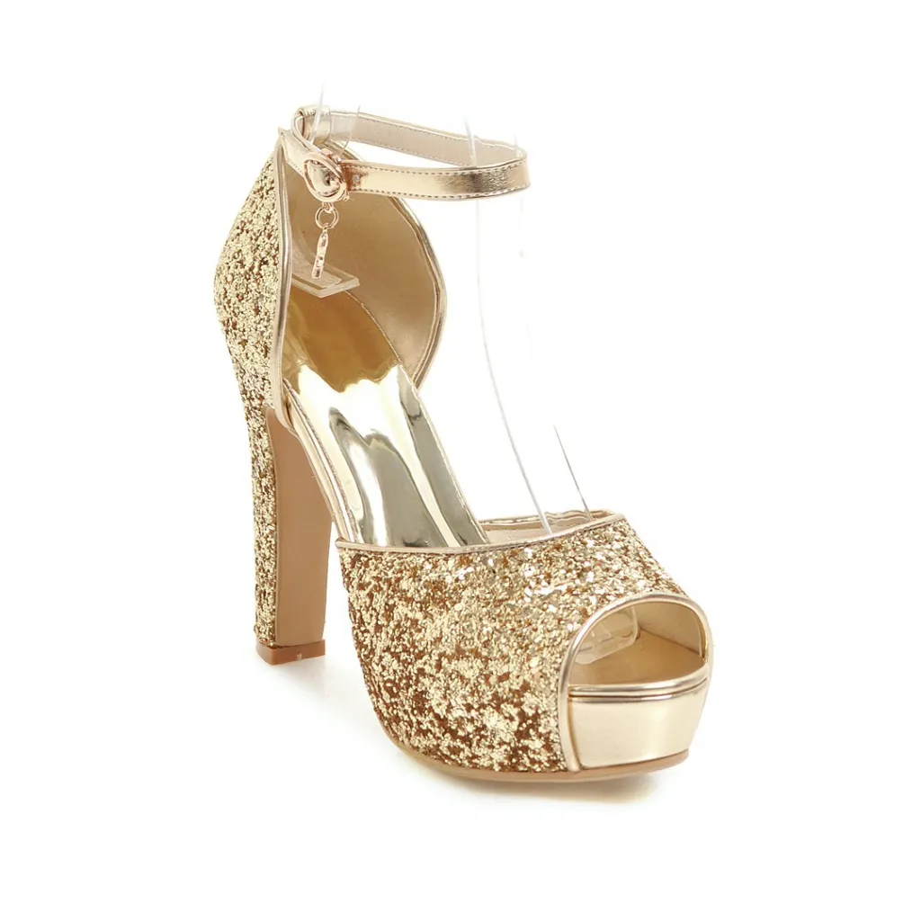 Peep Toe Chunky Heel Super High Heel Fashionable Sequins Sandals - Gold