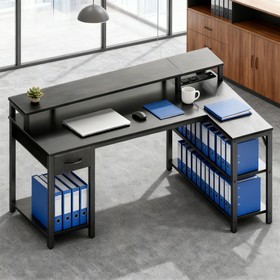 53-inch Gaming Table With USB Charging Port And LED Light, Reversible L-shaped Table With Power Socket And Monitor Stand image 13