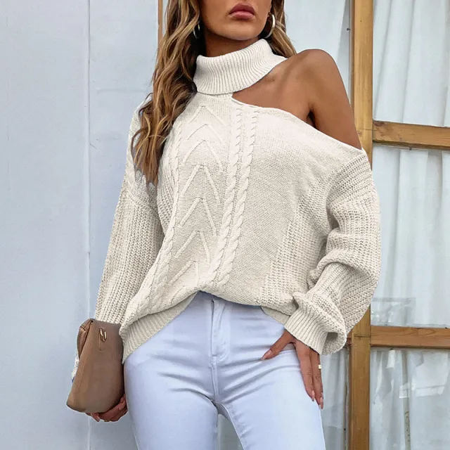 New Polo Collar Shoulder Drop Knit Solid Color Pullover Sweater For Women White - Shop at LoveMi