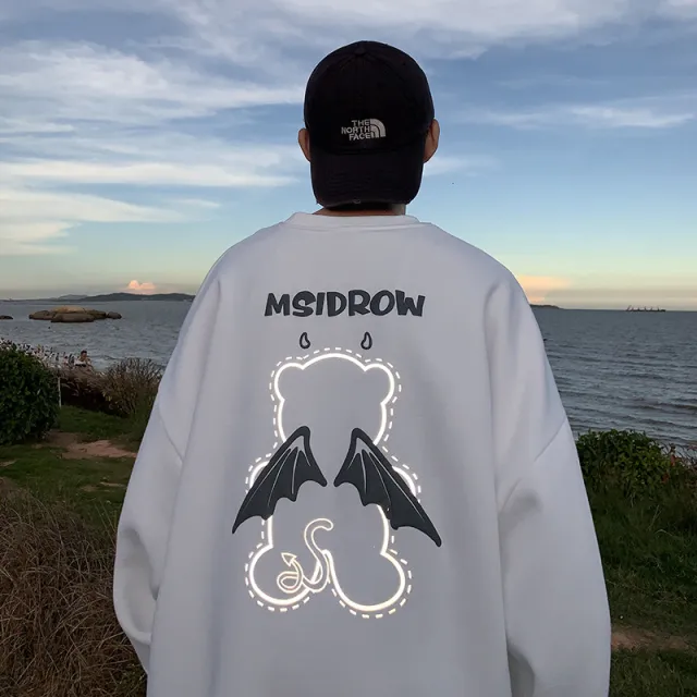 Three dimensional Letter Bear Reflective Print Loose Plus Size Couple Sweater White - Shop at LoveMi