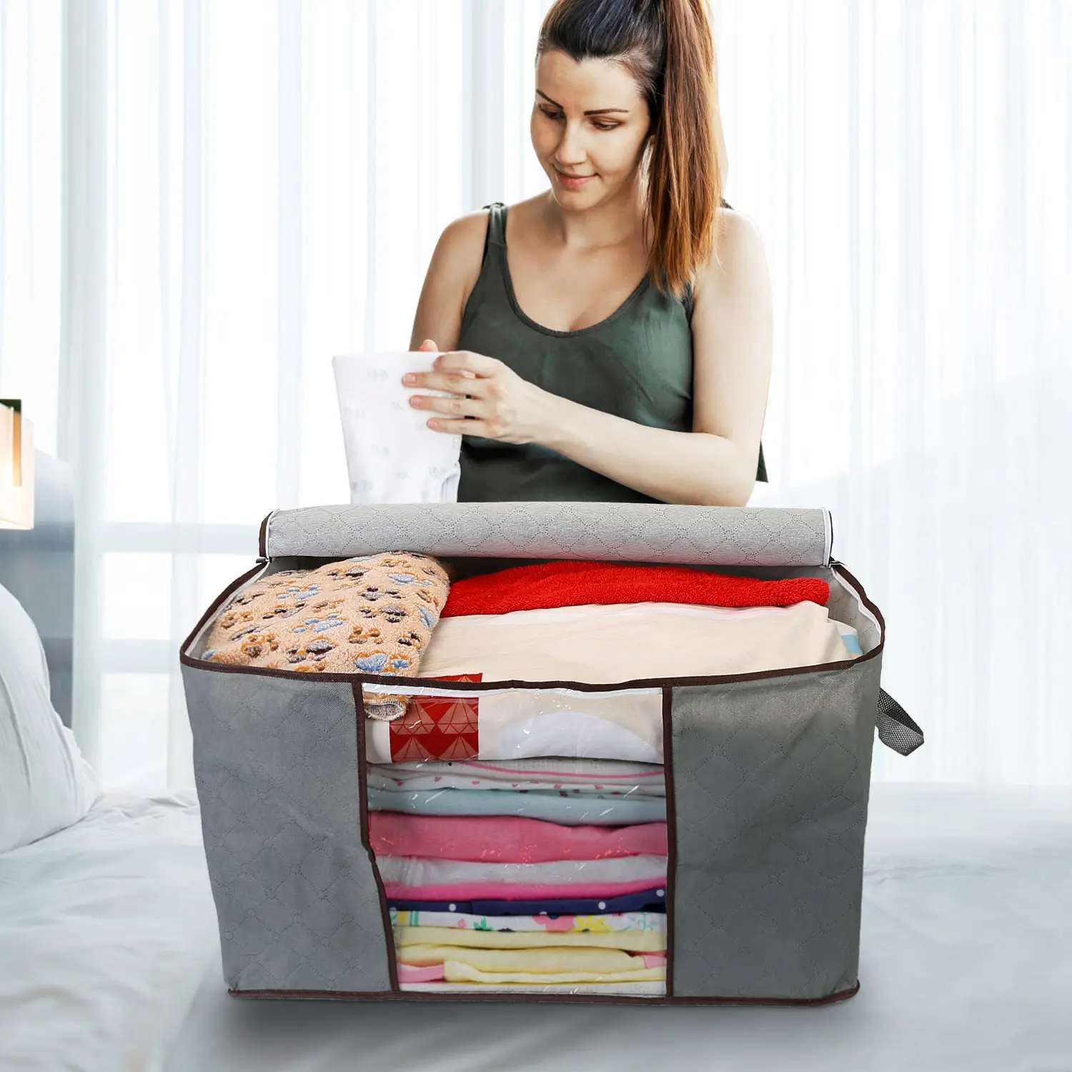 2Pcs Clothes Storage Bag For Moving Season 90L Per Bag With Thick Fabric Clear Window Dual-Zipper For Clothes Comforters Blankets Bedding