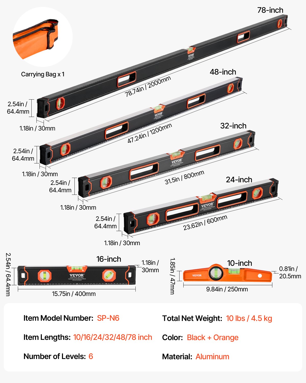 6-piece Torpedo Level Set, 78, 48, 32, 24, 16, 10 Inch Box Level Set With Bubble Tube, Suitable For 45, 90, 180 Degrees, Shockproof Aluminum Alloy Magnetic Level, SAE, Metric Scale - 10 Inch 