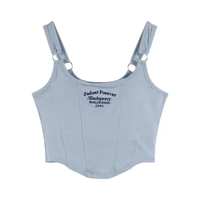 Letter Embroidery Small Suspender Vest Women Slim Short Outer Wear Top Blue - Shop at LoveMi