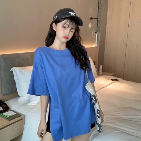 Summer New Solid Color Short sleeved T shirt Women's Mid length Net Red Slit Cotton Top Fancy Blue - Shop at LoveMi