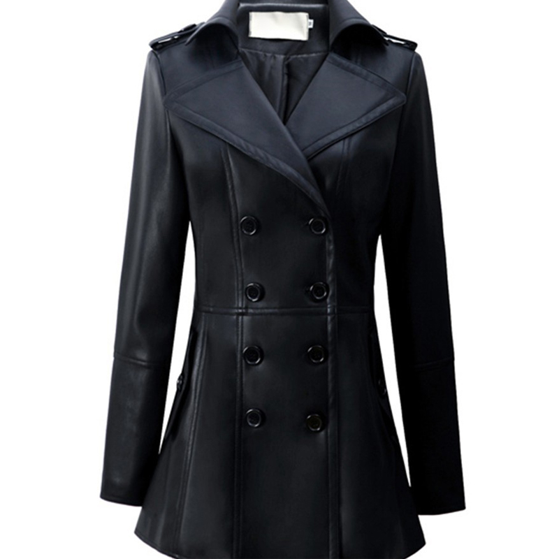 Mid length Leather Wind Coat Women's Large Swing Coat Black - Shop at LoveMi