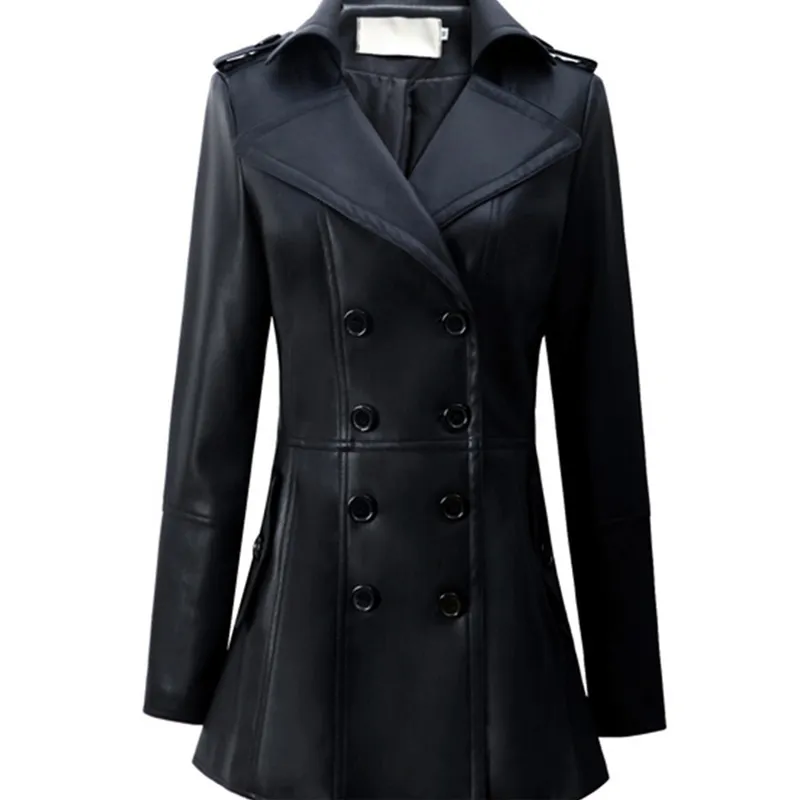 Mid-length Leather Wind Coat Women's Large Swing Coat - Black