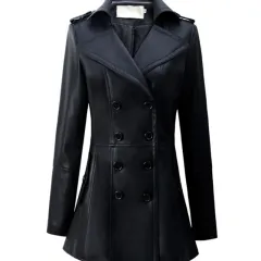 Mid-length Leather Wind Coat Women's Large Swing Coat - Black - View 1
