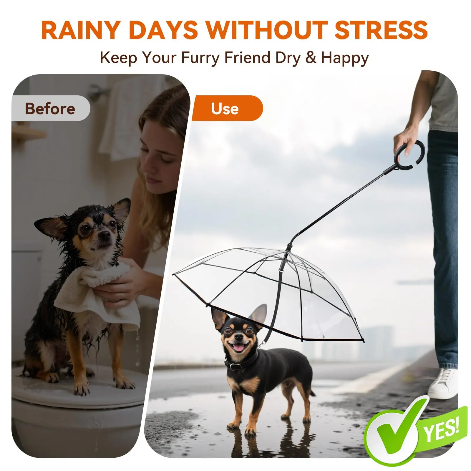Dog Umbrella Small Breed, Clear Dog Umbrella Leash For Small Dogs, Keeps Dogs Dry Walking Rain, Doggie Rain Umbrella With Adjustable Leash, Self-Assembly