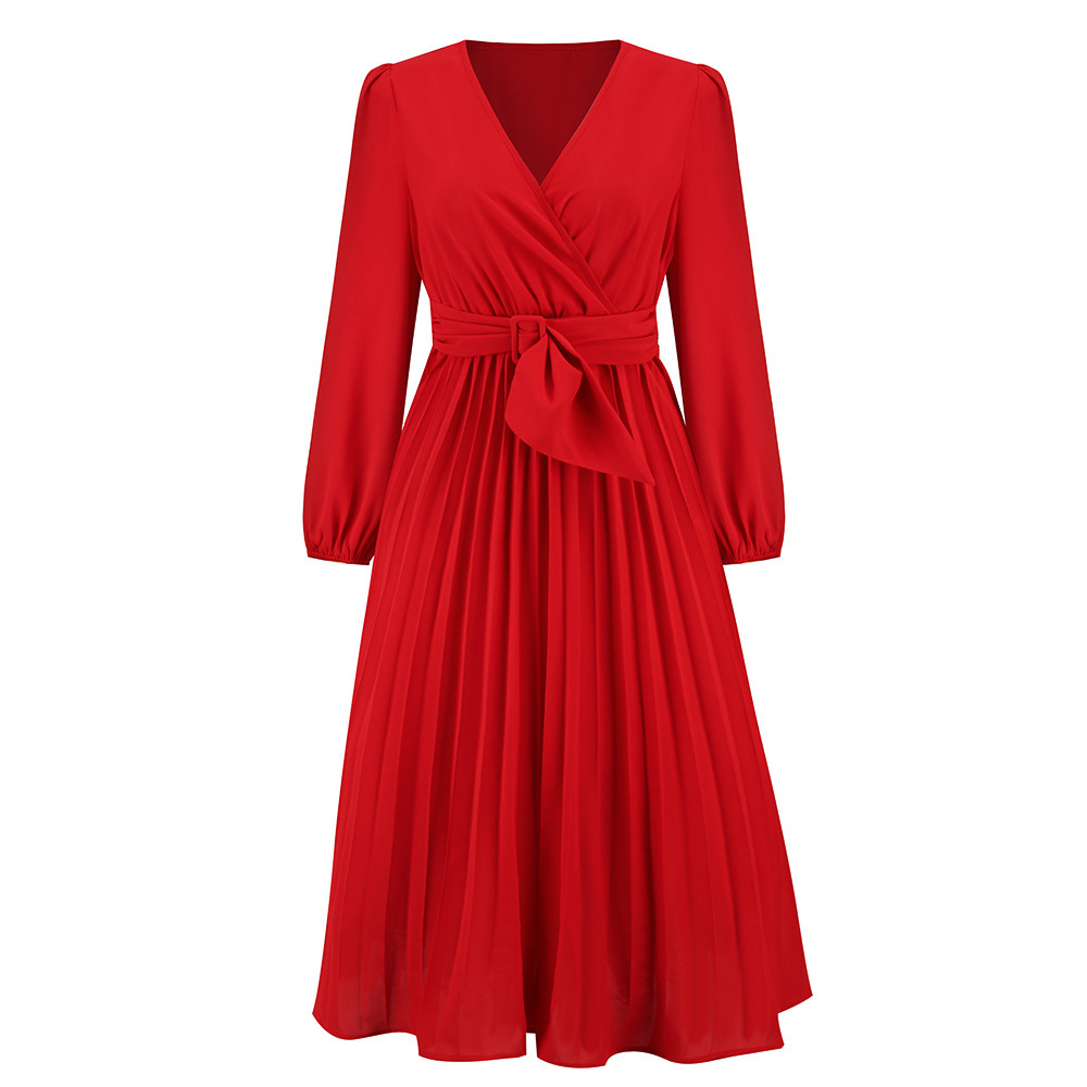 Women's V-Neck Long Sleeve Dress, High Waist Pleated A-Line Midi Dress With Belt, Elegant Casual Work Party Dress