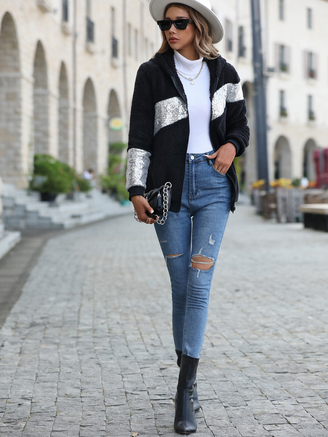 European And American New Plush Casual Women's Hooded Long Sleeve Coat