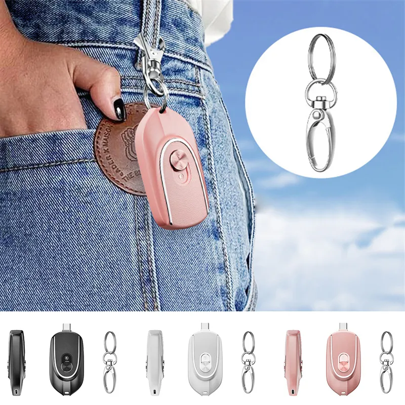 2 In 1 Mini Keychain Power Bank Keyring Hanging Buckle 2 Output Interfaces 5V 1200MAH Backup Power Bank Retractable Plug Waterproof Phone Charging Accessories – image 2
