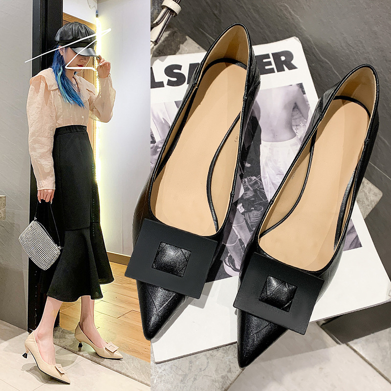 Solid Color Black Female Low-heeled Daily Low-cut Pointed Toe