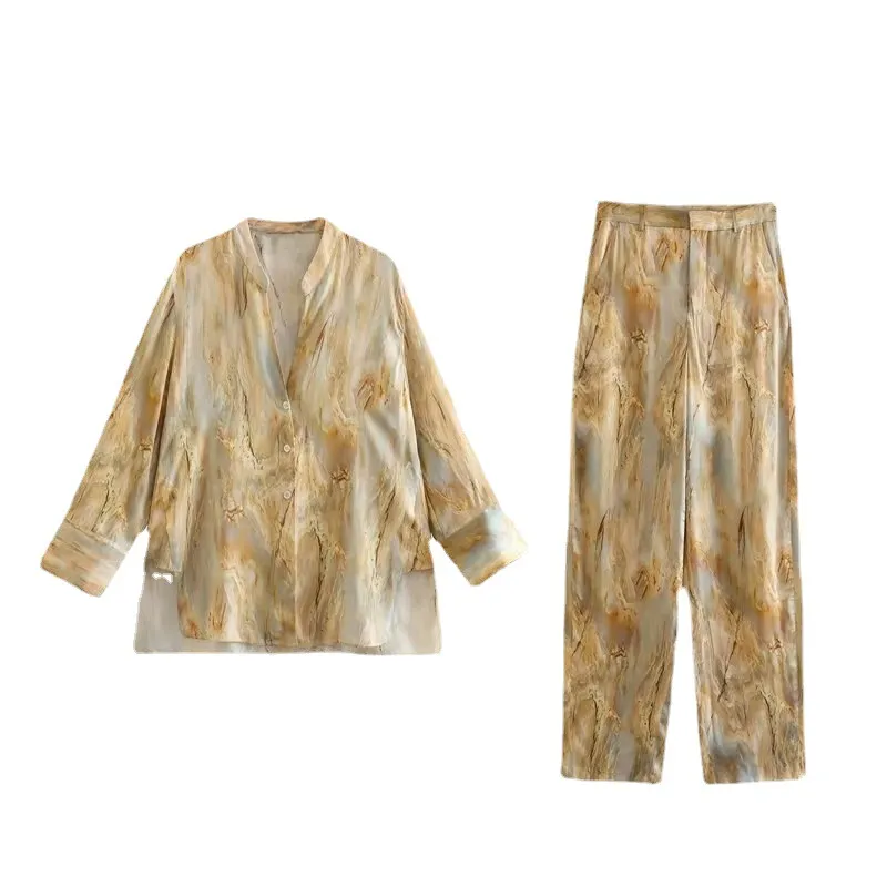 Fashion Simple Asymmetric Tie-dye Printed Shirt Straight-leg Pants Suit - Set