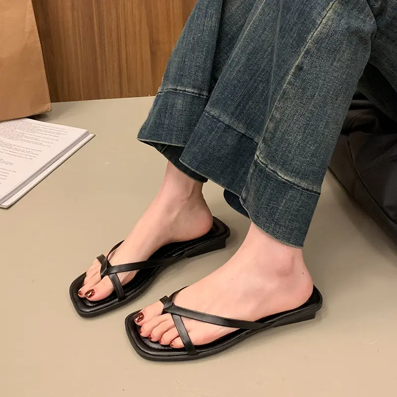 Women Minimalist Crisscross Thin Strap Square Toe Thong Slides, Slip On Flat Summer Beach Daily Wear Open Toe Slippers