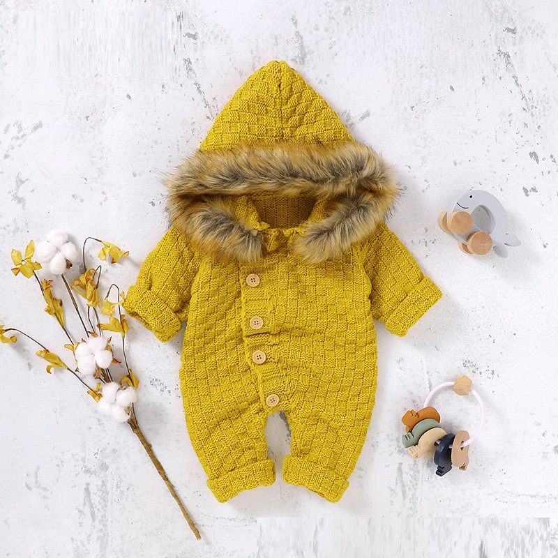 Ins Autumn New Solid Color Hooded With Fur Collar Knitted Cute One-piece Rompers Jumpsuit