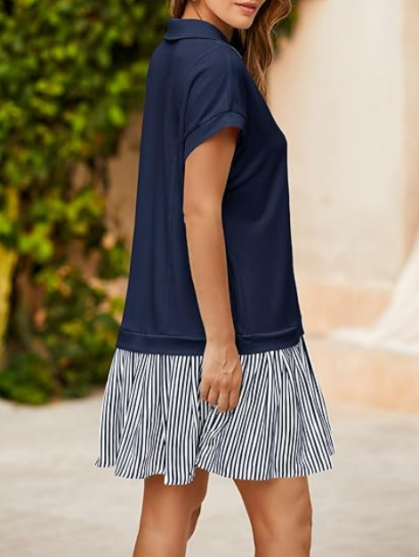 women’s patchwork striped polo v‑neck dress