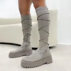 Lace-Up Platform Boots White Long Cowboy Boots Women - Grey - View 1