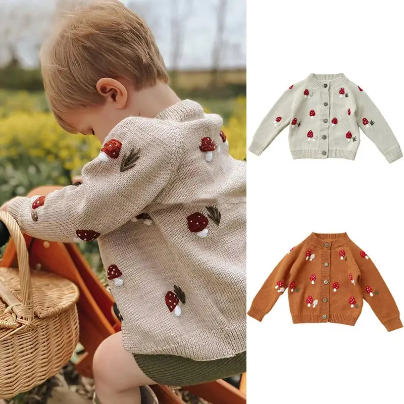 Hand Embroidered Mushroom Knitted Cardigan For Children