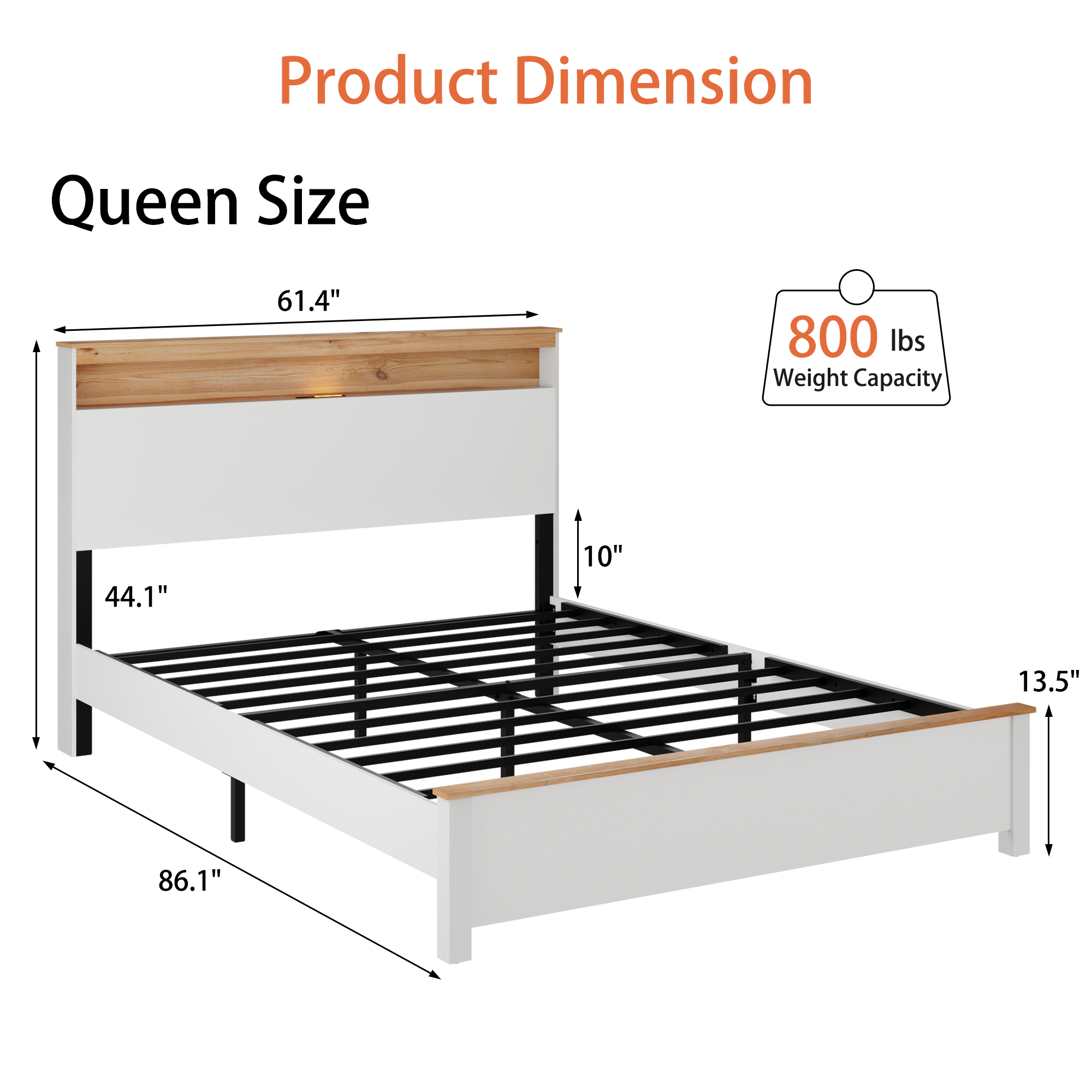 Queen Farmhouse Wood Bed Frame With Storage Headboard & Charging Station, White — foto 6