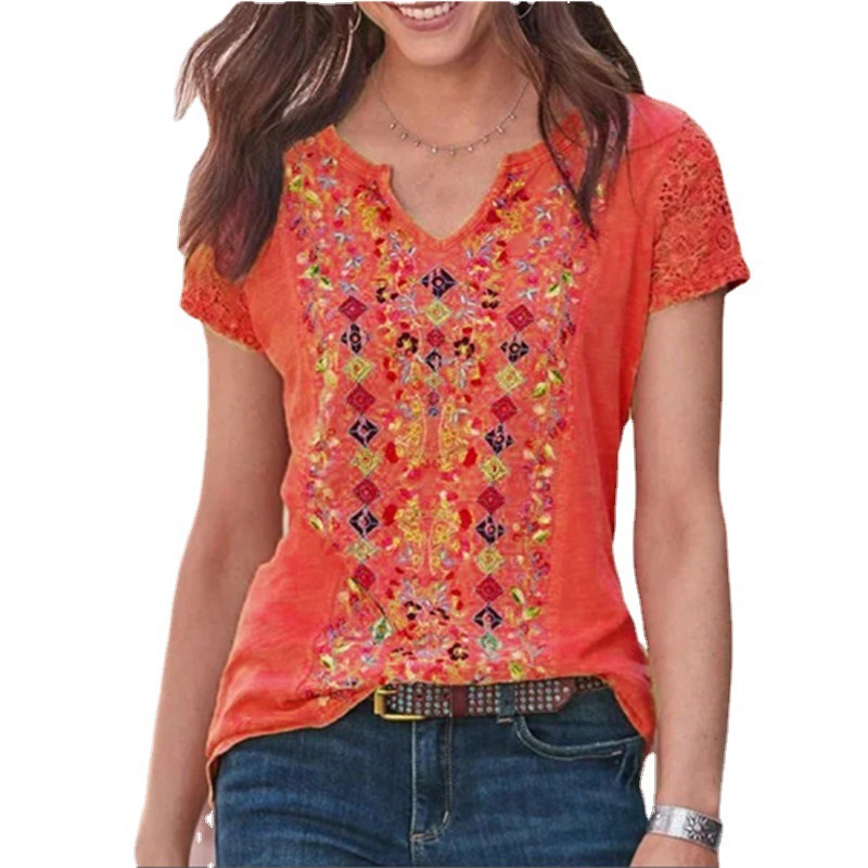 Title 6, Printed V-neck Retro Style Short Sleeves