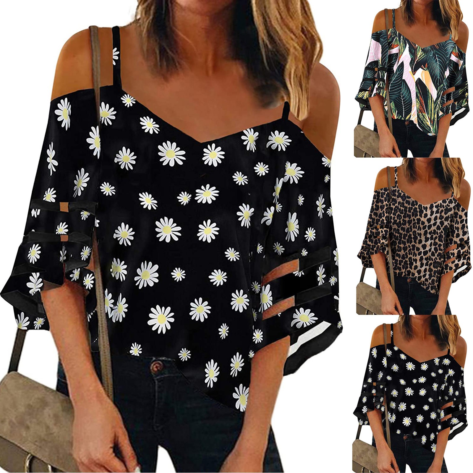 Title 2, Flared Sleeve V-neck Printed Off Shoulder Sling...