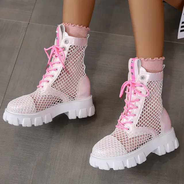 Cross Strap Thick Sole Outside Wear Solid Color Doc Martens Boots For Women Pink - Shop at LoveMi