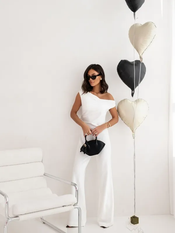 Sexy Jumpsuits For Women Falling Straps Business Rompers Elegant Straight Long Pants Rompers Fastened With A Zipper On The Side - White