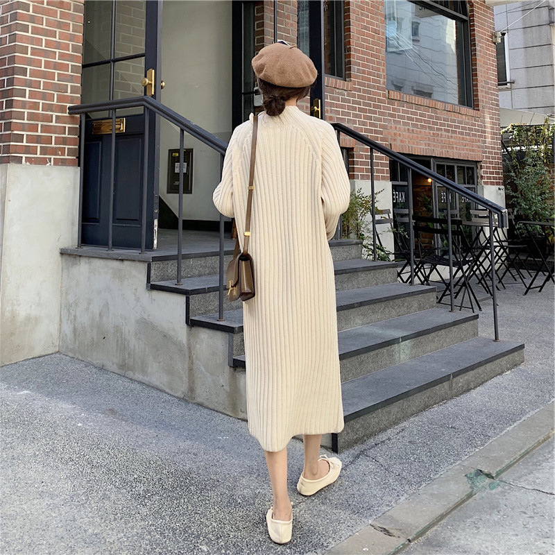 Hepburn Style Long Over-knee Stitch Long-sleeved Knitted Dress Women
