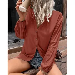 Casual Loose Single Breasted Shirt Dress Women - Red - View 1