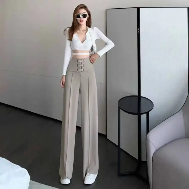 women's high waist wide leg pants drape straight spring autumn Apricot - Shop at LoveMi