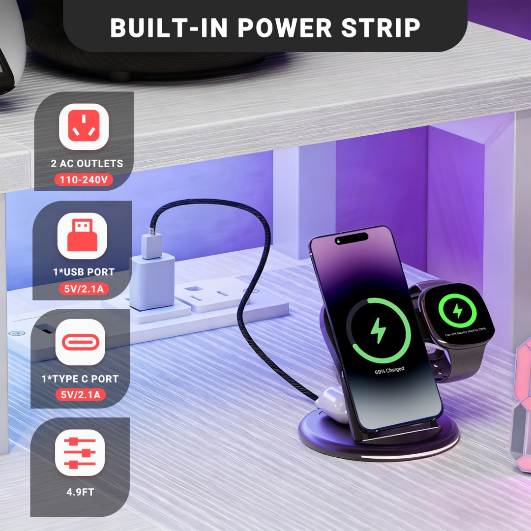 53-inch Gaming Table With USB Charging Port And LED Light, Reversible L-shaped Table With Power Socket And Monitor Stand image 14