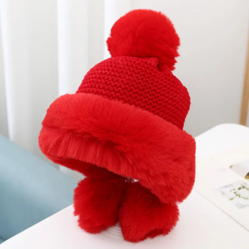 Women's Warm And Velvet Ear Protection Knitted Cold-proof Woolen Cute Princess Hat - Red