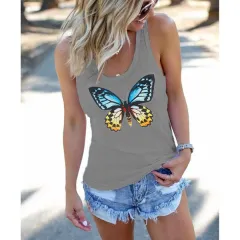 Casual Women's Butterfly Print Loose Top T-shirt - Grey - View 1