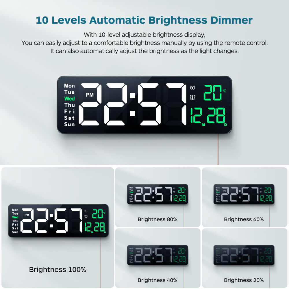 16inchLargeJumboDigitalLEDWallClockAlarmCalendarTemperatureDateDimmerUKNEW