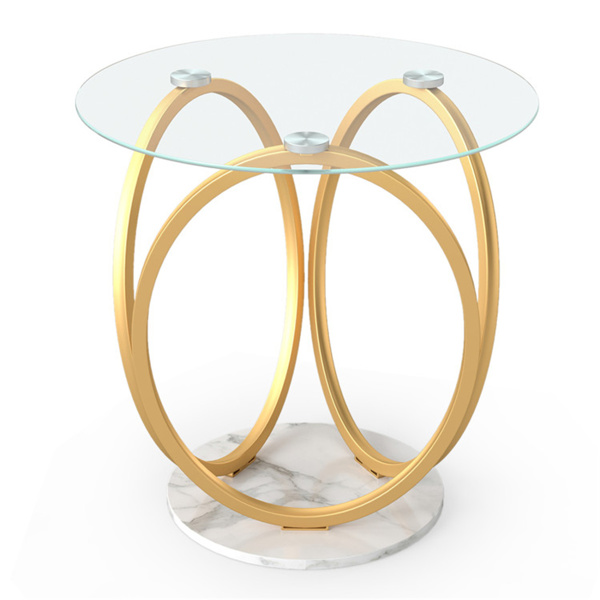 Modern 2-Tier Side Table With Tempered Glass Top & Marble Base, Gold & White Round End Table_voghion.com