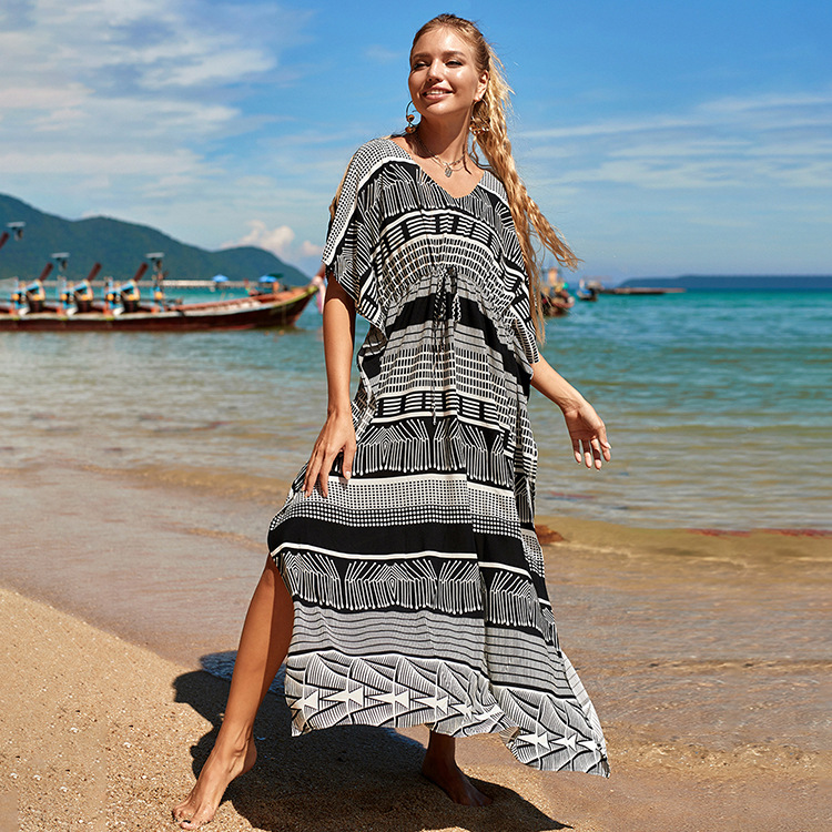 Woman Cotton Black And White Line Seaside Vacation Coat Blouse Sunscreen