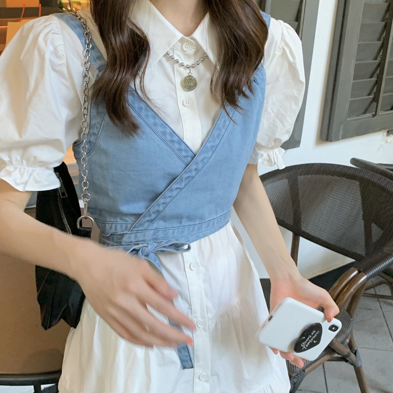 Women's Puff Sleeve Single-Breasted A-Line Shirt Dress Plus Denim Camisole Two-Piece Set