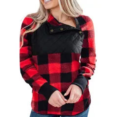 New Style Plaid Contrast Stitching Breasted Half-opening European And American Women's Sweater - Red - View 1