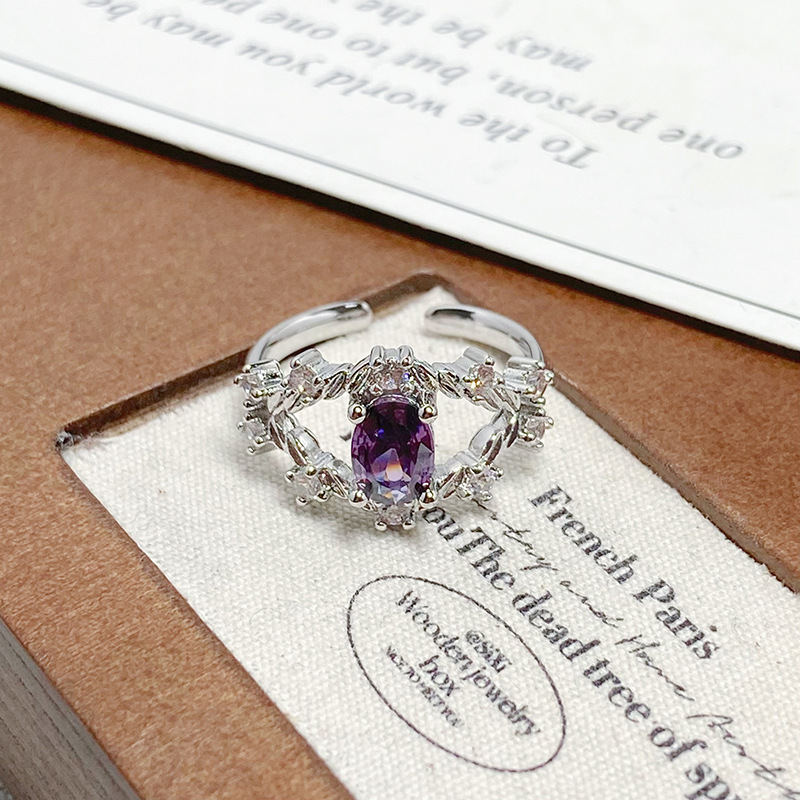Purple Zircon Full Diamond Flower Ring, Shiny Adjustable Band, High-end Elegant Women Daily Jewelry