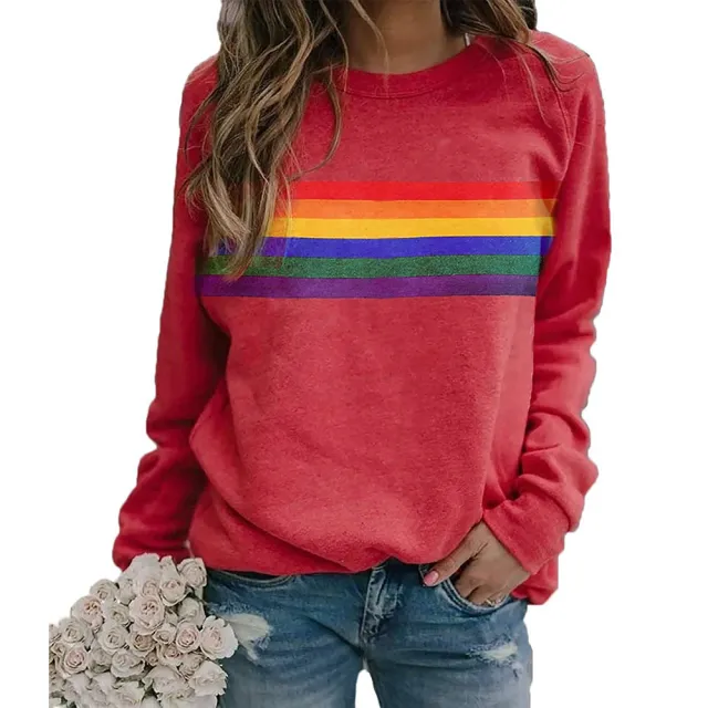 Color Striped Print Round Neck Pullover Long Sleeve Sweater Red - Shop at LoveMi
