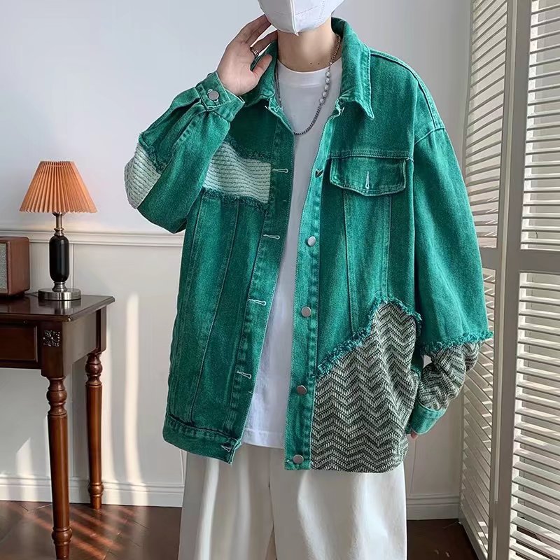 American Fashion Worn-out Patchwork Raw Edge Denim Coat