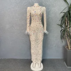 High-end Rhinestone Mesh Stretch European And American Slim Dress - Apricot - View 1