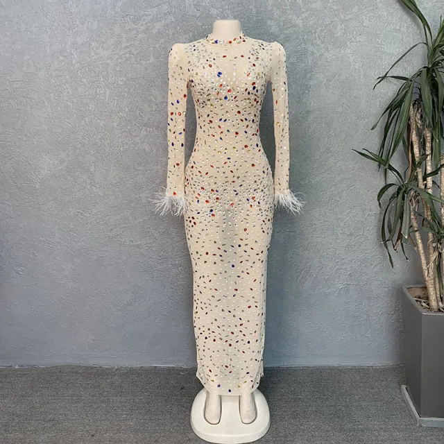 High end Rhinestone Mesh Stretch European And American Slim Dress Apricot - Shop at LoveMi