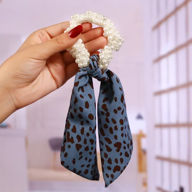 Pearl Streamer, Bowknot, Hair Rope, Retro Headdress, Female Tying Hair, Hair Accessories Leopard Flower Blue - Shop at LoveMi