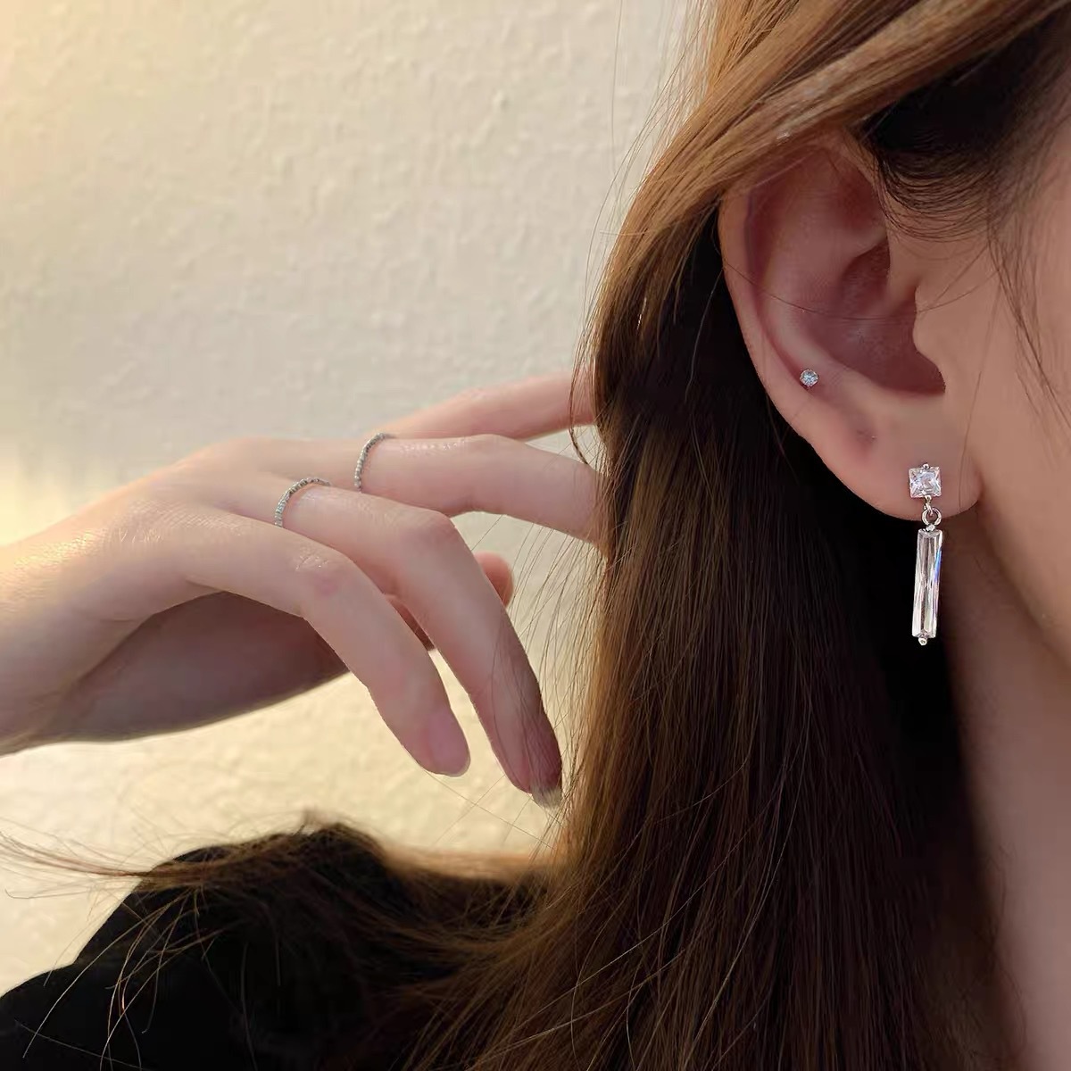 Japan And South Korea S925 Sterling Silver Zircon Long Bar Stone Stud Earrings Female