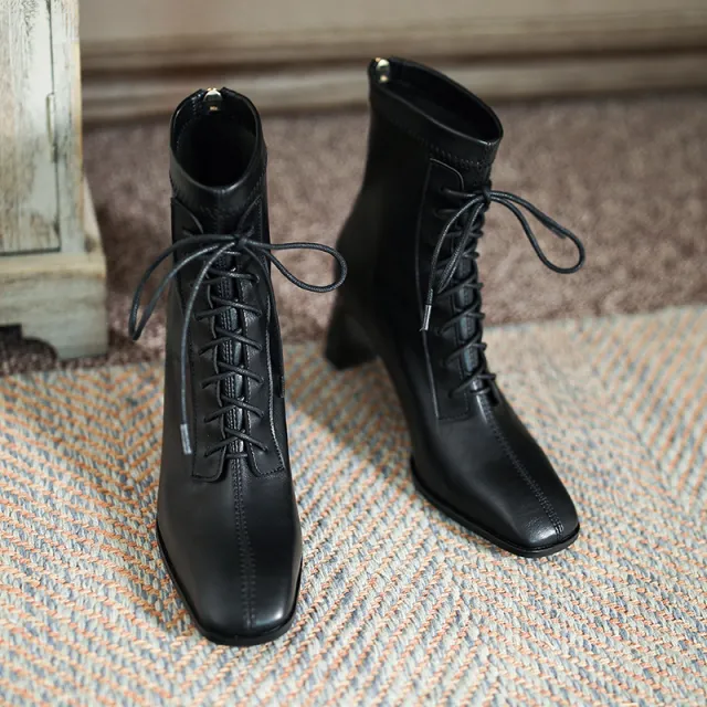 Square Toe High Heel Boots PU Leather Women Ankle Boots Black - Shop at LoveMi