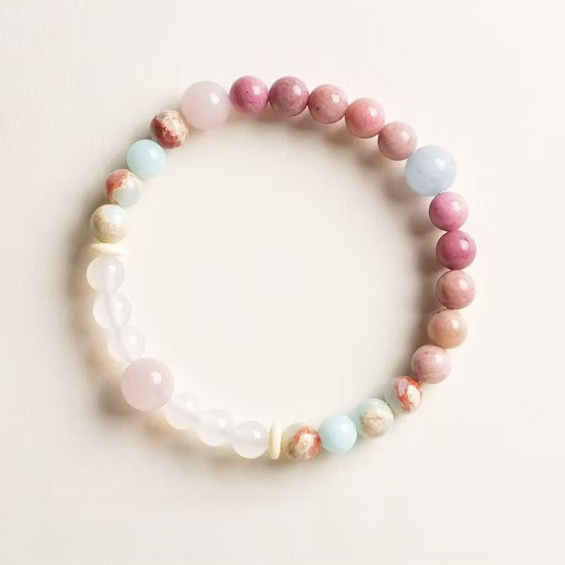 Natural Shoushan Stone  Rhodochrosite Bracelet 6mm Two Tone Beaded Chain Energy Jewelry For Women