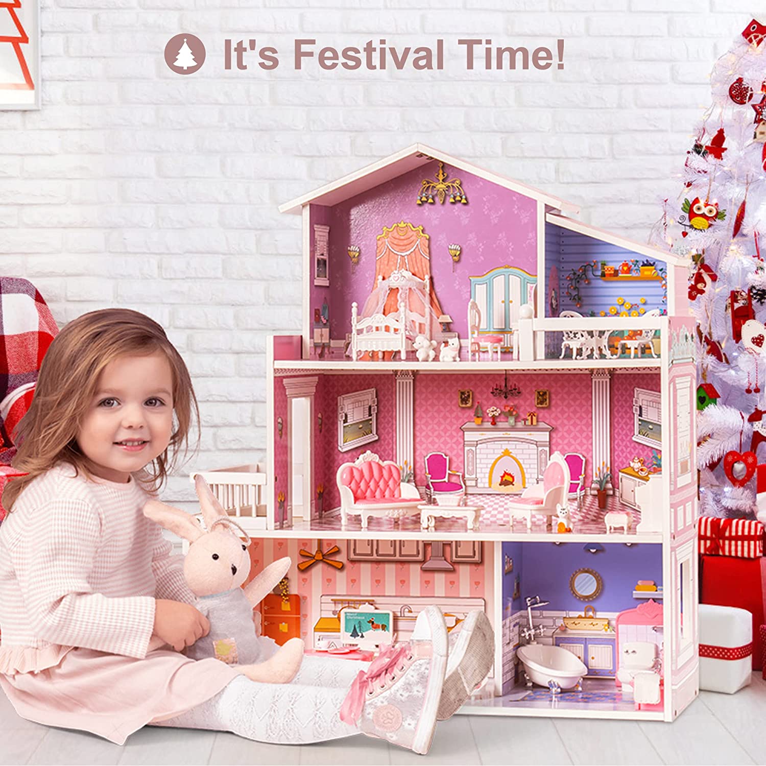 Wooden Dollhouse with Furniture for Girls Material: Wood (MDF) Size: 23.7 x 9.4 x 27.8 inches Item Weight: 16.3 Pounds Recommended Age: 8+