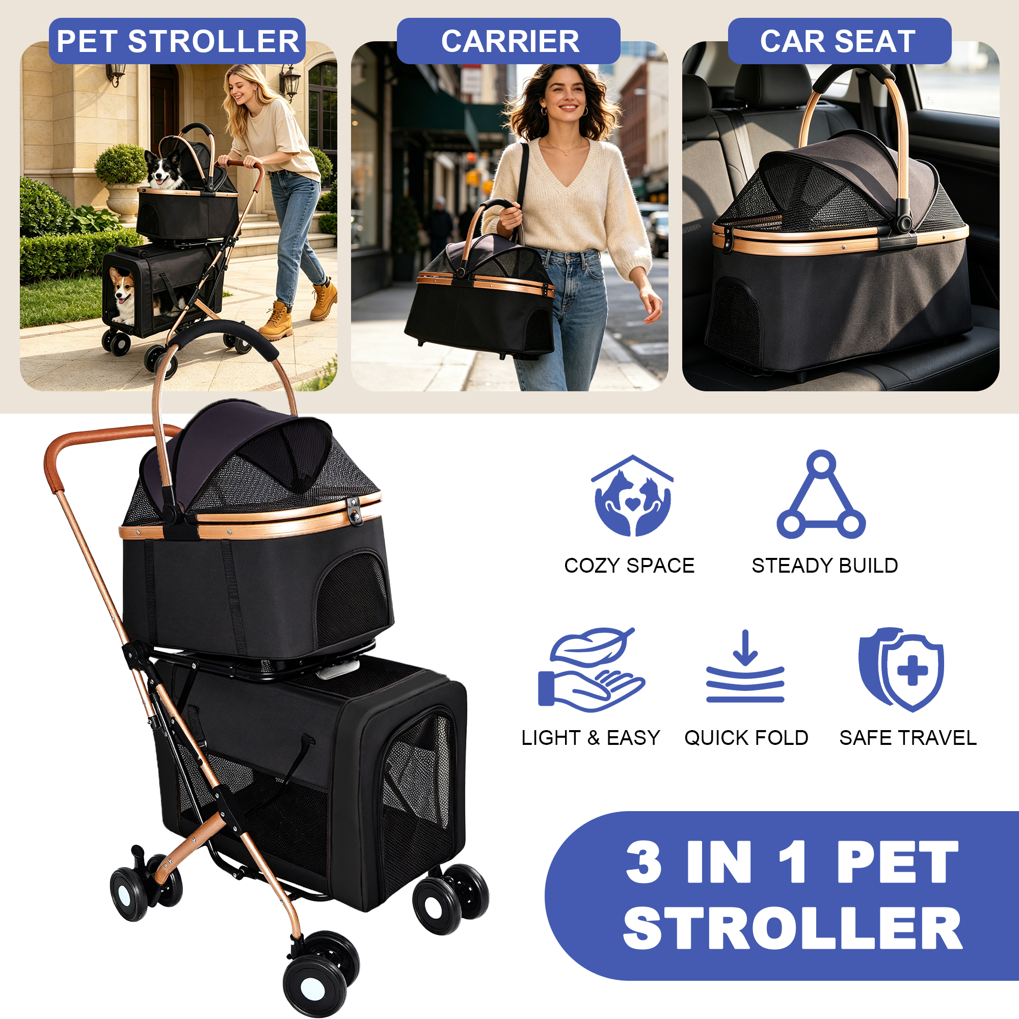 3-in-1 Double Pet Stroller For Small Medium Dogs Cats, Foldable Frame Convertible Pet Carrier Tote, Shockproof Wheels With Brake System, Dual Fixed Safety Leashes For Multi-Pet Households thumbnail 3