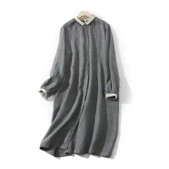 Spring And Autumn Houndstooth Mid-length Long Sleeve Cotton Linen Shirt - View 1